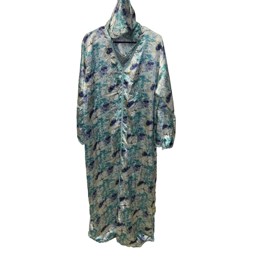 ASA Caftan Maxi Dress L Kimono Sequin Cover Up Slits Hood V Neck Pullover Trim
